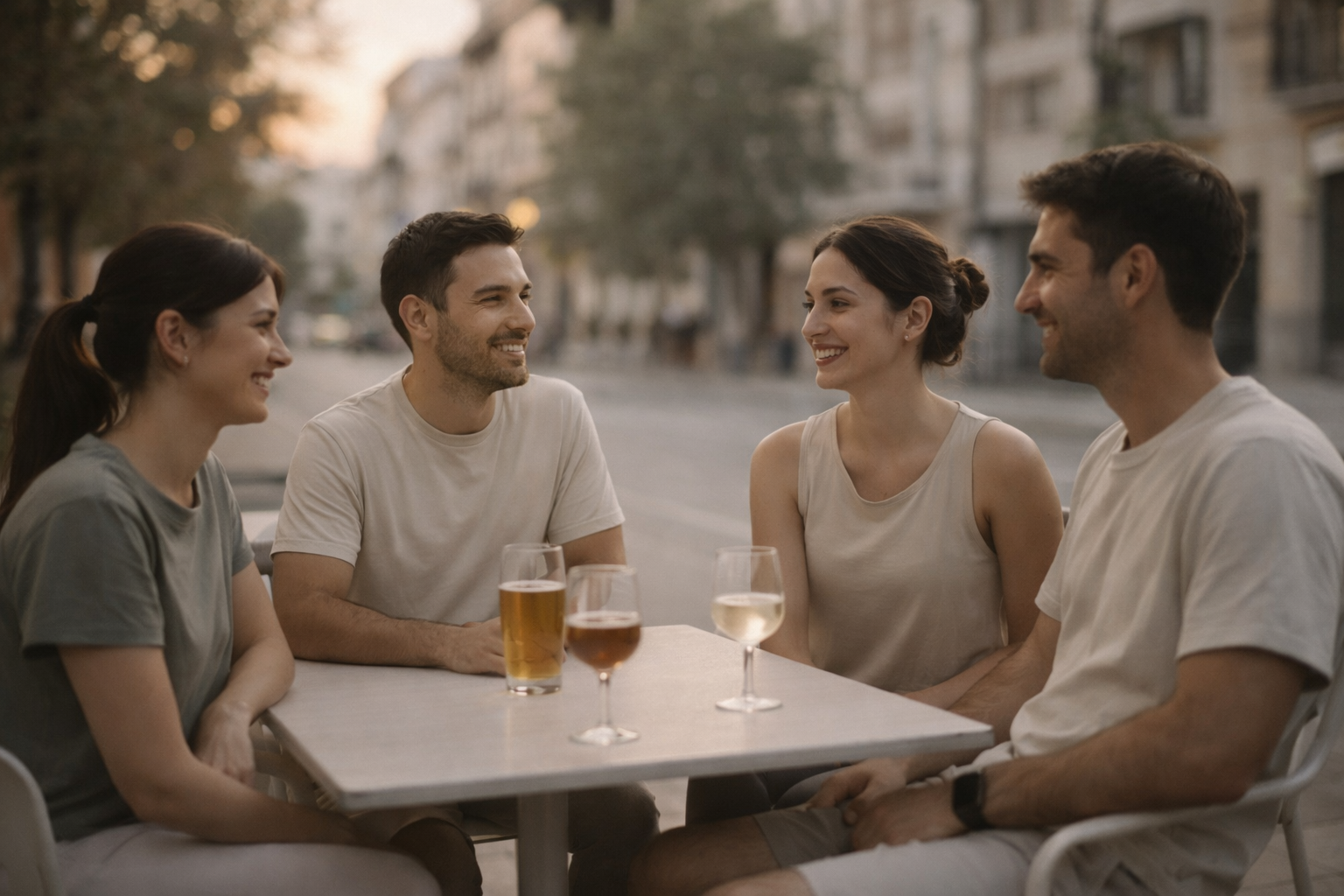 Cuatro personas jóvenes conversando y riendo en una terraza al aire libre mientras toman bebidas al atardecer.